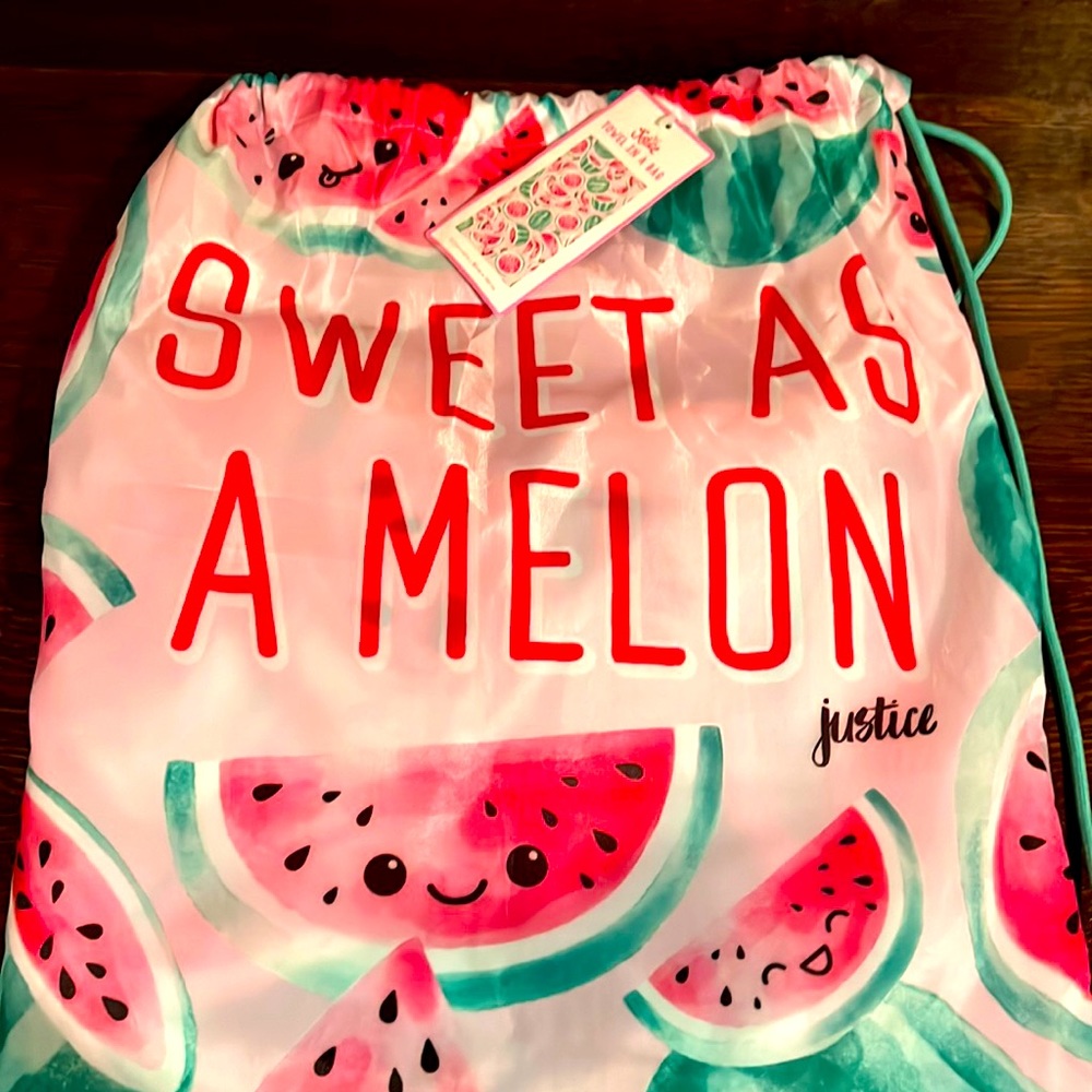 Girls Sweet as a Melon Beach Towel, Lt Pink, w/ backpack, 31.5x63 in new